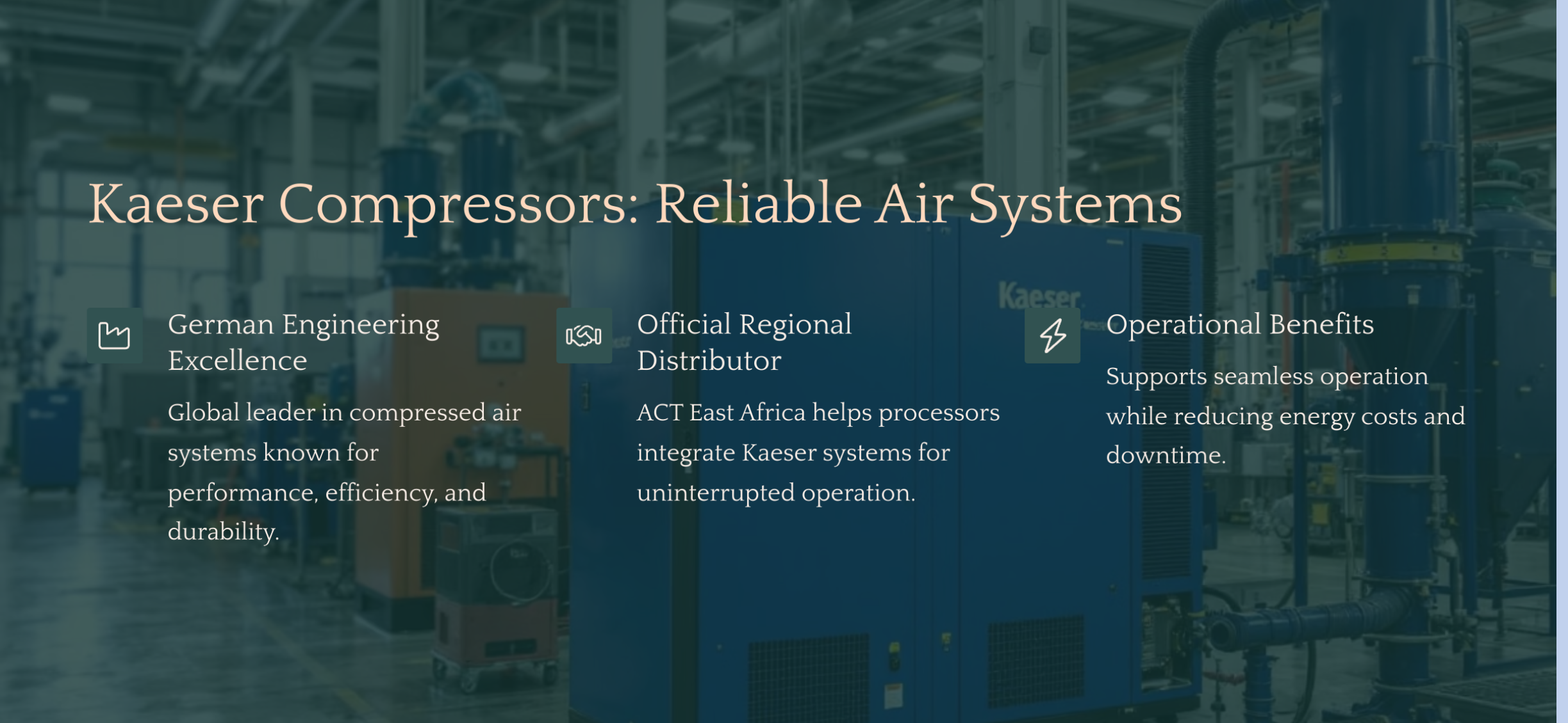 ACT East Africa partners in far machinery. Kaeser– Global Leaders in Coffee Processing Equipment. ACT East Africa, Kaeser distributers in Africa.